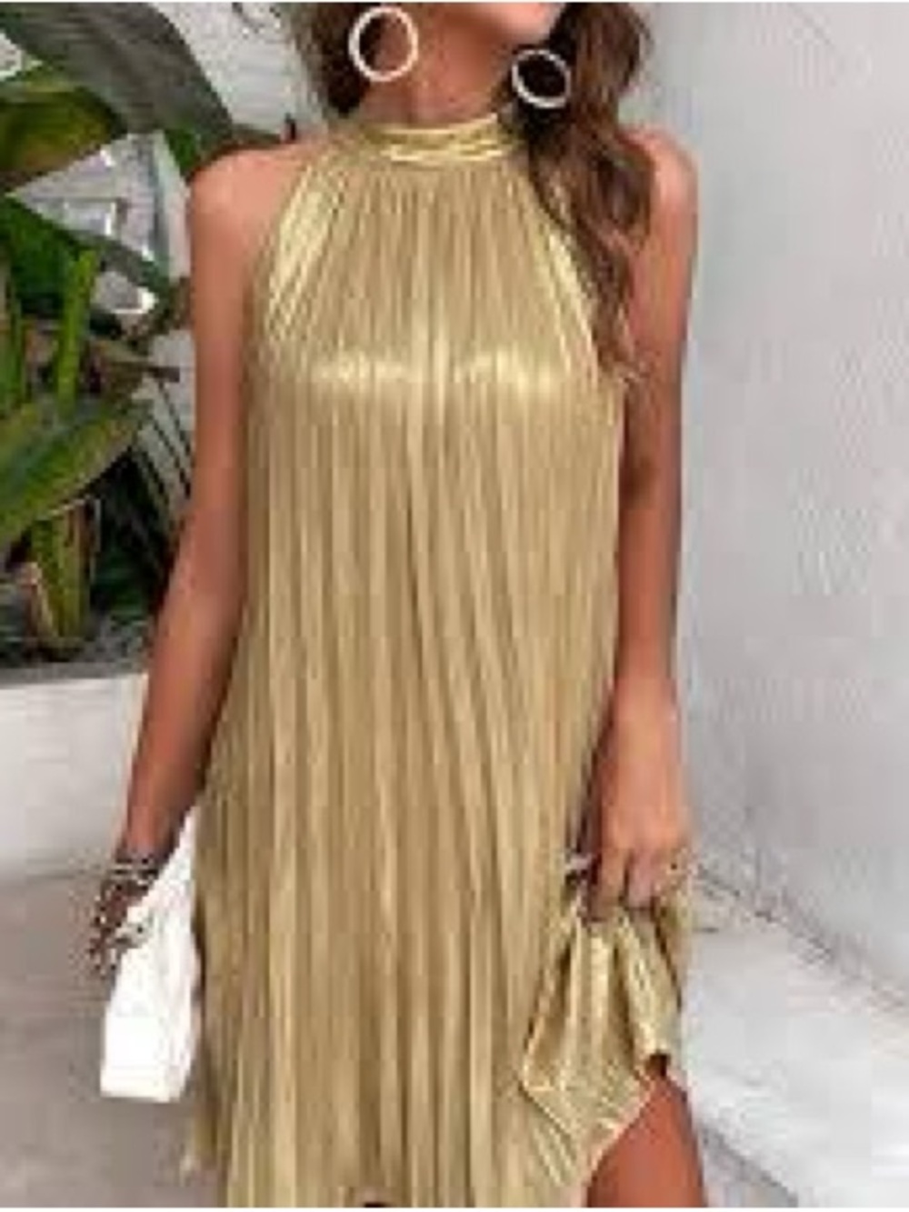 Elegant Gold Tie Back Halter Neckline Dress - Size Large